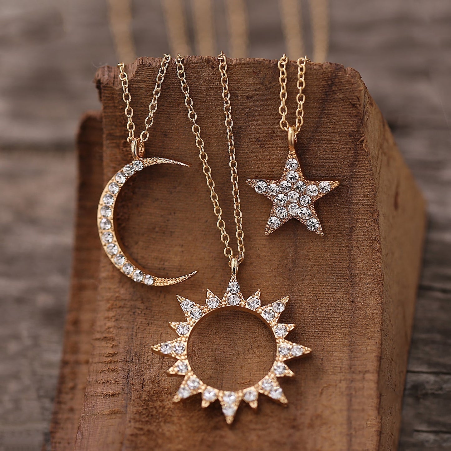 3 Piece Celestial Pave Necklace With Crystals 18K Gold Plated - Bubble Girl