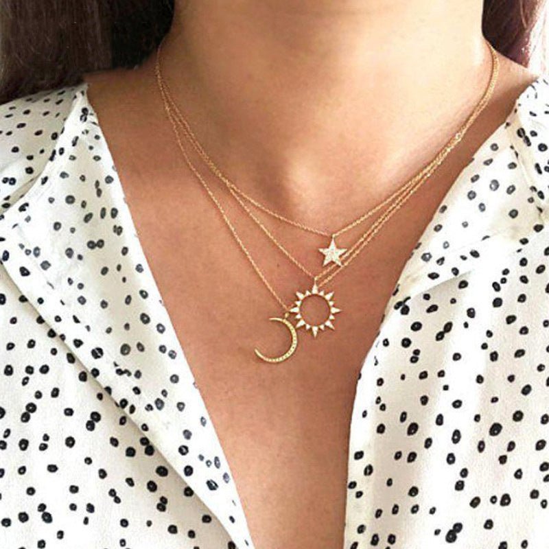 3 Piece Celestial Pave Necklace With Crystals 18K Gold Plated - Bubble Girl