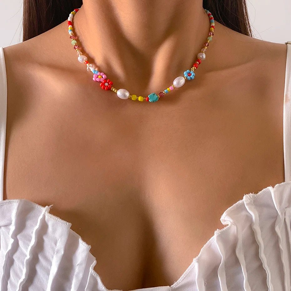 Baroque Simulated Pearls Colorful Flower Chain Necklace Jewelry - Bubble Girl
