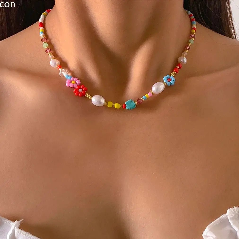 Baroque Simulated Pearls Colorful Flower Chain Necklace Jewelry - Bubble Girl