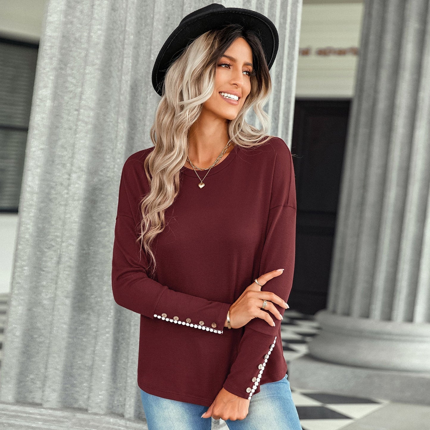 Button Sleeve Plaid Round Neck Shirt - Bubble Girl