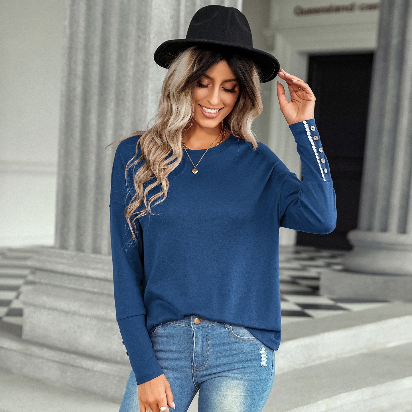 Button Sleeve Plaid Round Neck Shirt - Bubble Girl