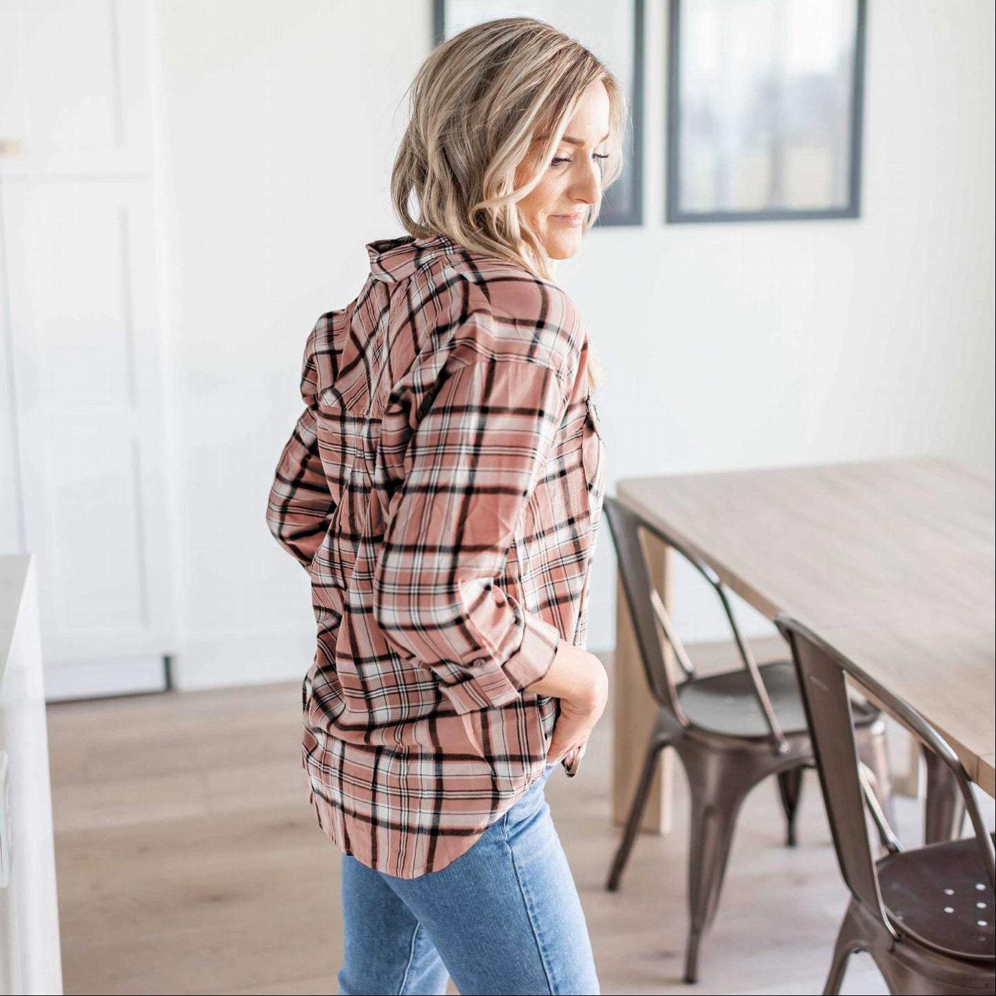 Double Pocket Button - Up Plaid Shirt With Roll - Up Long Sleeves - Bubble Girl
