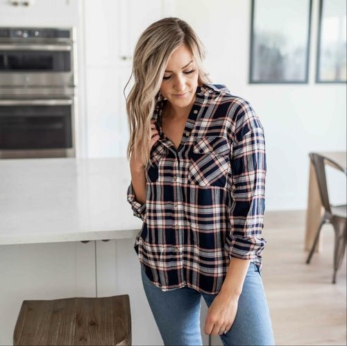 Double Pocket Button - Up Plaid Shirt With Roll - Up Long Sleeves - Bubble Girl