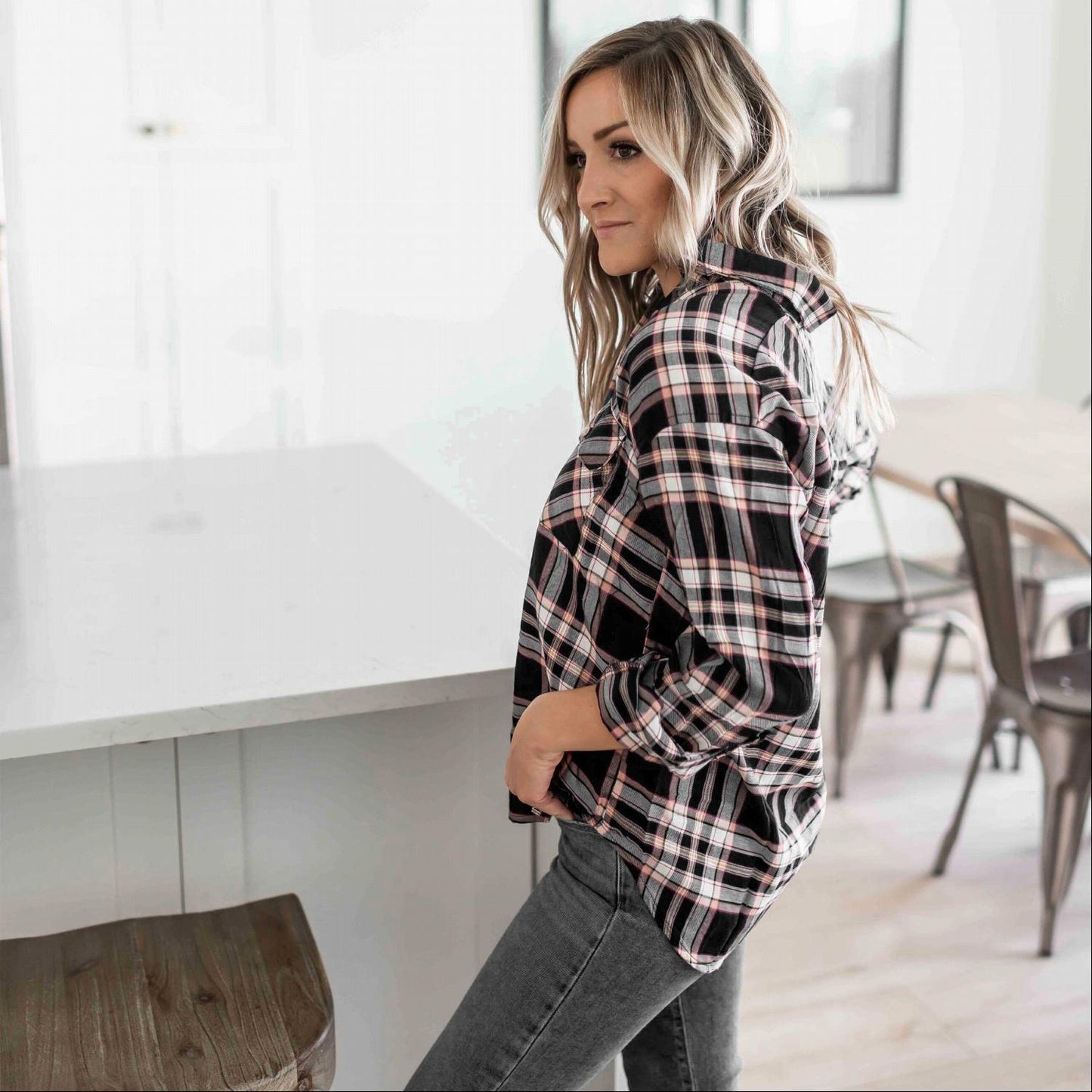 Double Pocket Button - Up Plaid Shirt With Roll - Up Long Sleeves - Bubble Girl