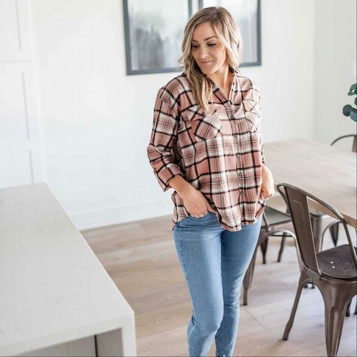 Double Pocket Button - Up Plaid Shirt With Roll - Up Long Sleeves - Bubble Girl