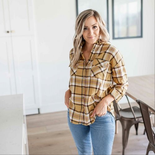 Double Pocket Button - Up Plaid Shirt With Roll - Up Long Sleeves - Bubble Girl