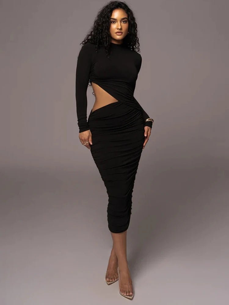 Fashion Club Hollow Out Dresses Women Regular Casual Solid O - neck Long Sleeve - Bubble Girl