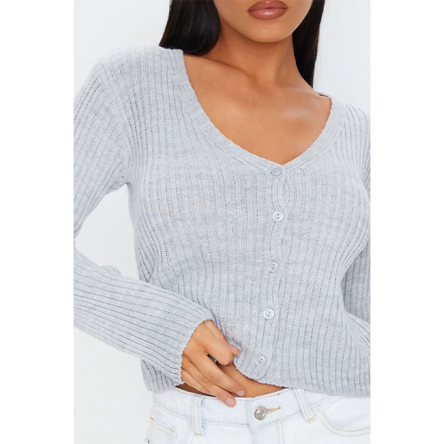 Grey Button Front Ribbed Cardigan - Bubble Girl