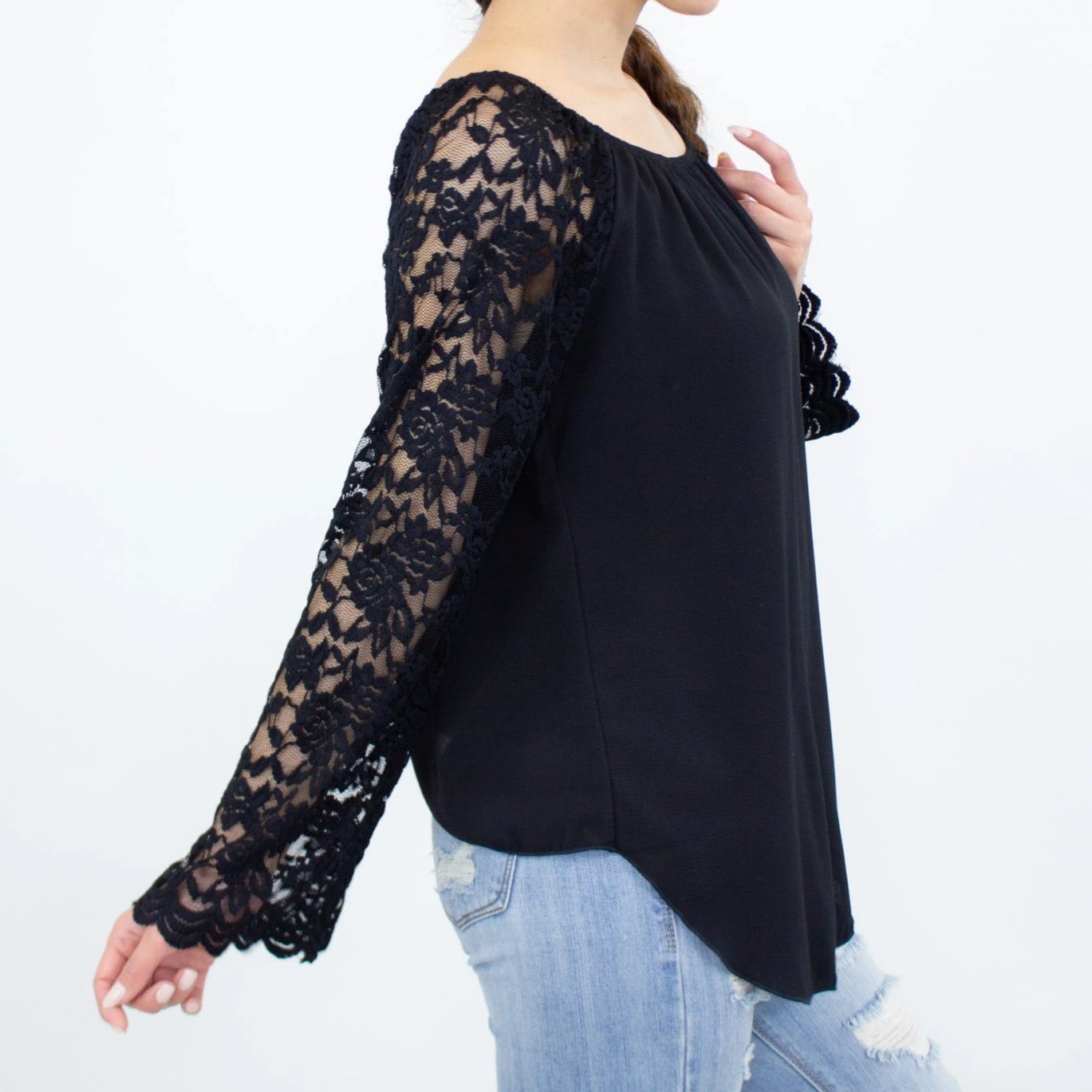 Lace Sleeve Split Back Top - Bubble Girl