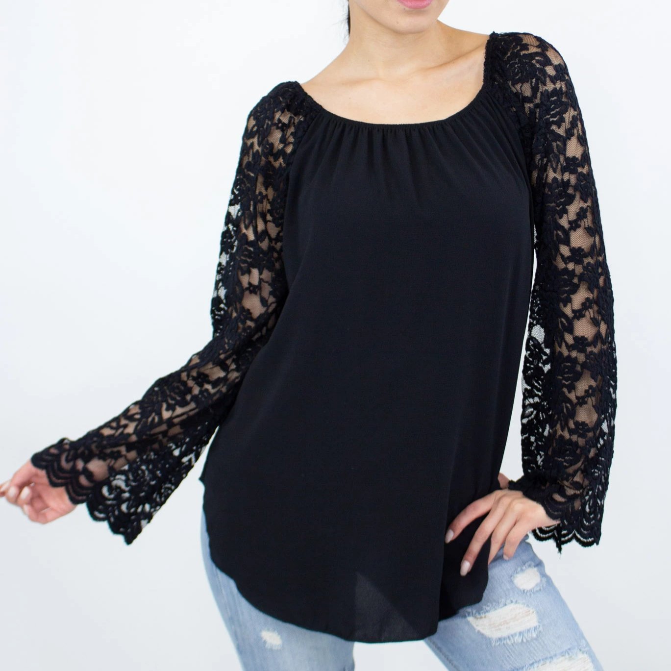 Lace Sleeve Split Back Top - Bubble Girl