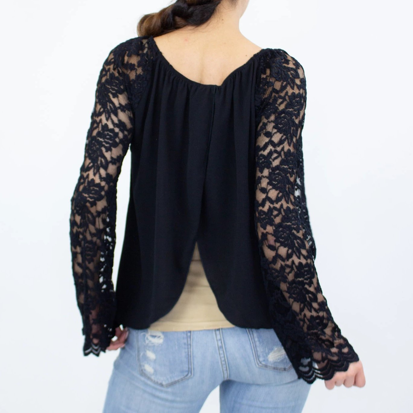 Lace Sleeve Split Back Top - Bubble Girl