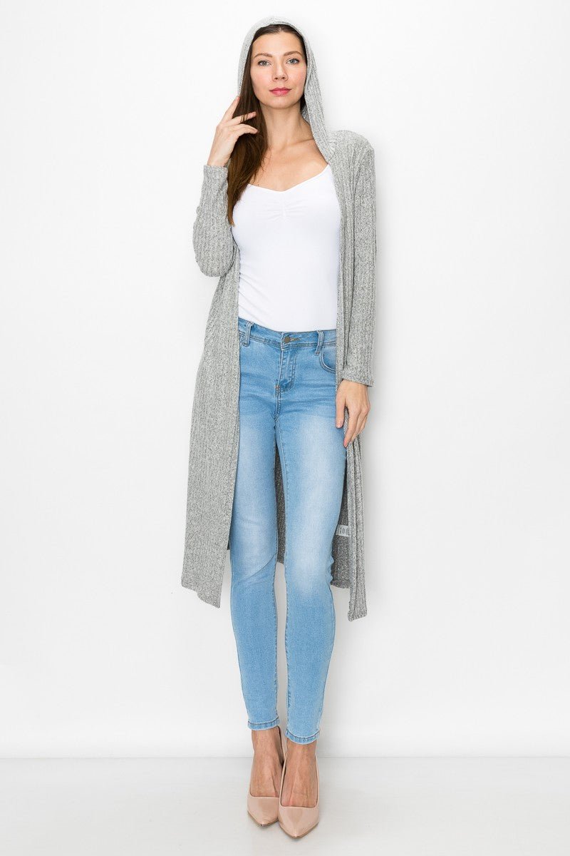 Long Sleeve Hooded Light Cardigan - Grey - Bubble Girl