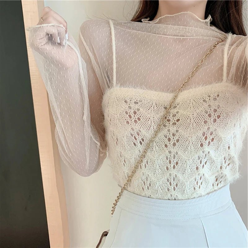Mesh T-Shirts Transparent Lace Blouse Long Sleeve - Bubble Girl