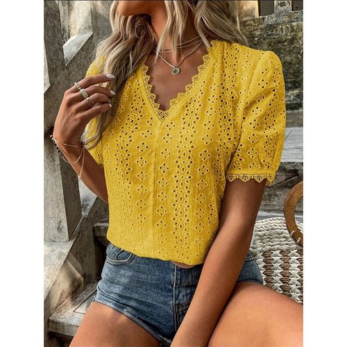 New Office Lady Elegant Fashion Lace Spliced Hollow Solid - Bubble Girl