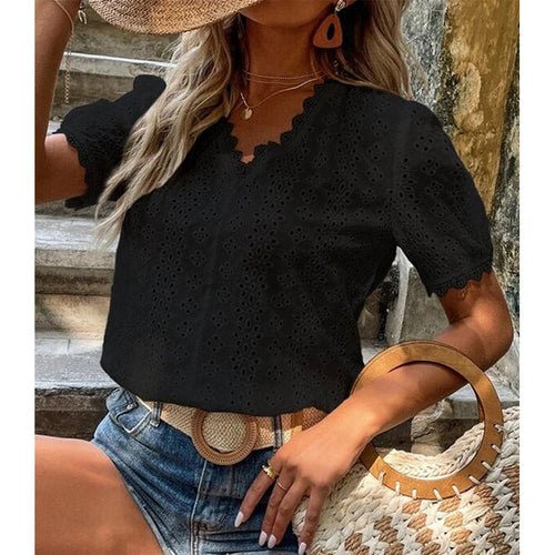New Office Lady Elegant Fashion Lace Spliced Hollow Solid - Bubble Girl