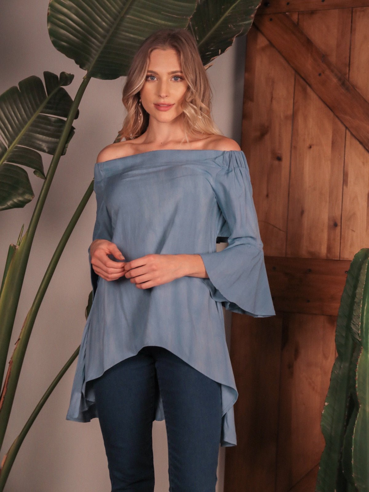 Off The Shoulders Hi - Lo Hem Top with Keyhole Open Back - Bubble Girl