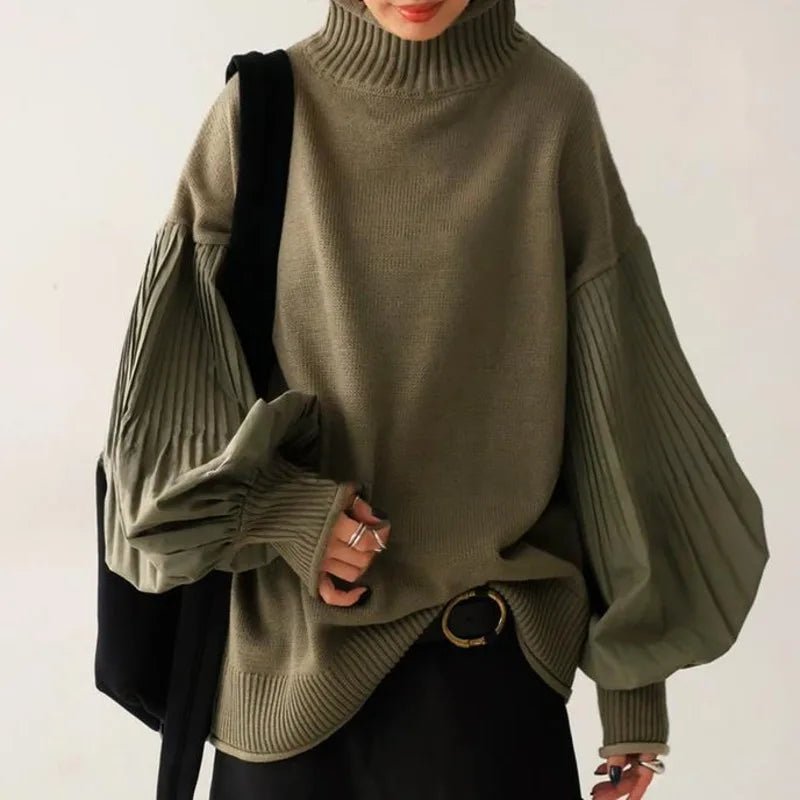 Pleated Turtleneck Lantern Sleeve Spliced Knit Sweater - Bubble Girl