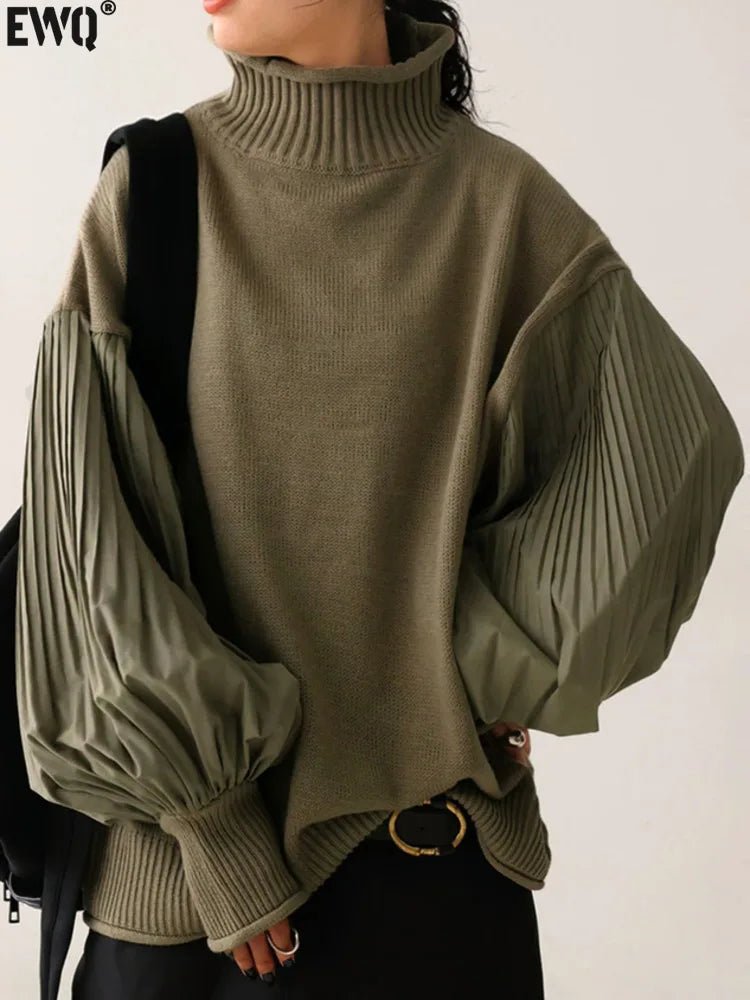 Pleated Turtleneck Lantern Sleeve Spliced Knit Sweater - Bubble Girl