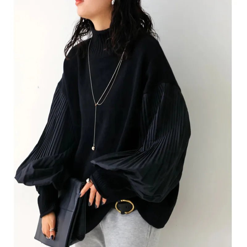 Pleated Turtleneck Lantern Sleeve Spliced Knit Sweater - Bubble Girl