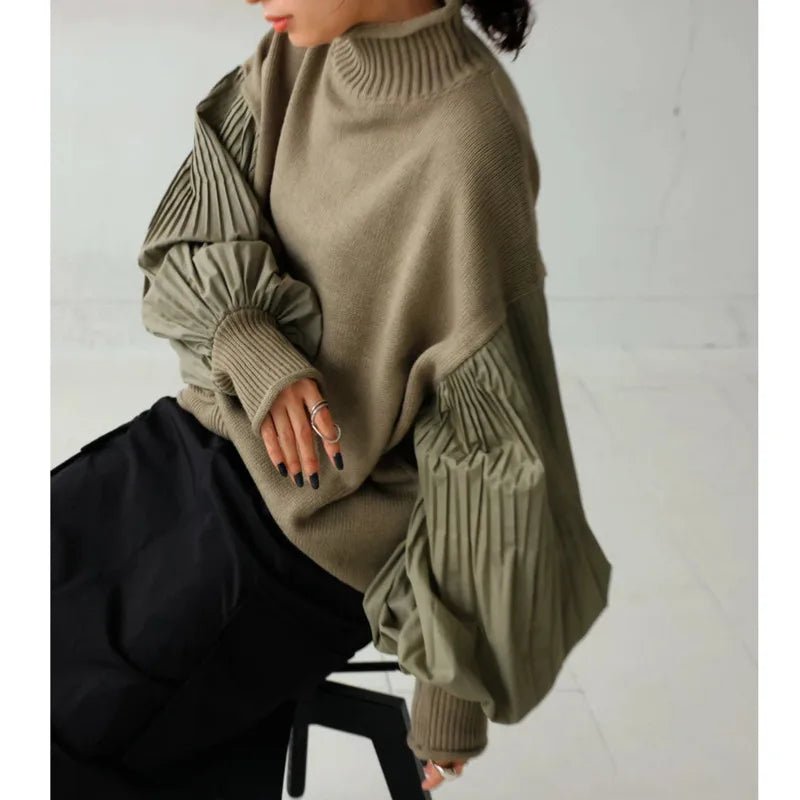Pleated Turtleneck Lantern Sleeve Spliced Knit Sweater - Bubble Girl