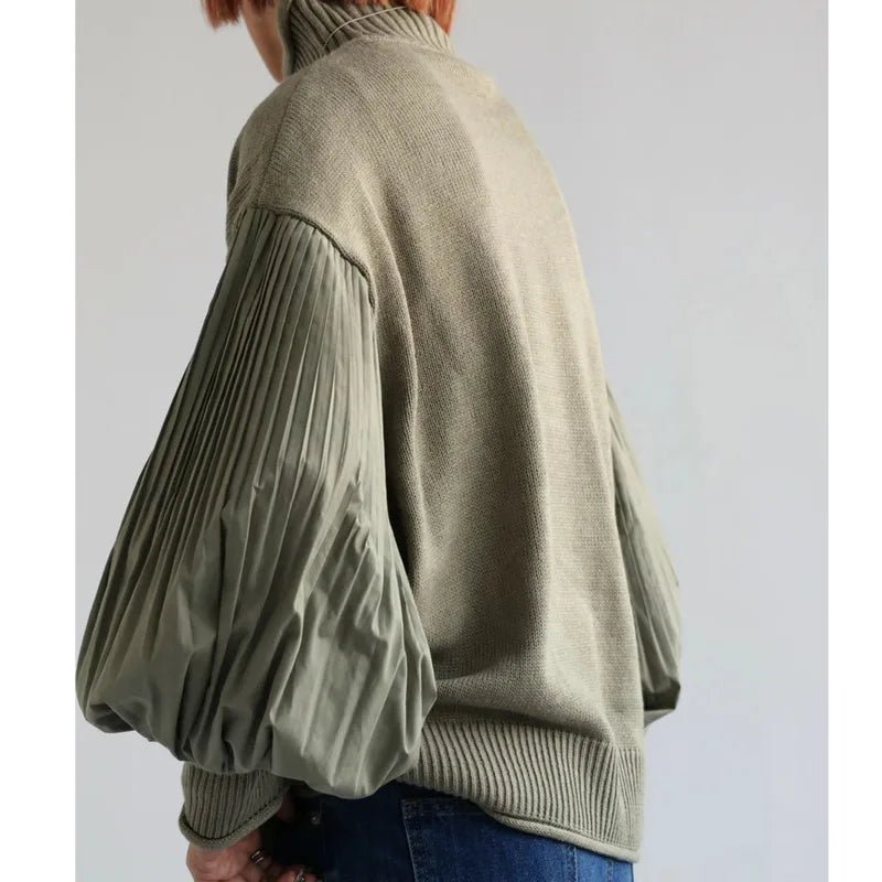 Pleated Turtleneck Lantern Sleeve Spliced Knit Sweater - Bubble Girl