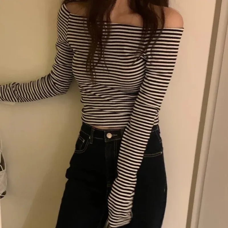 Striped Slash Neck Long Sleeve T - Bubble Girl
