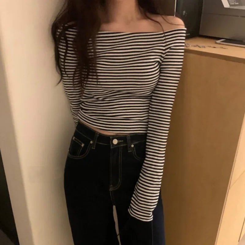 Striped Slash Neck Long Sleeve T - Bubble Girl