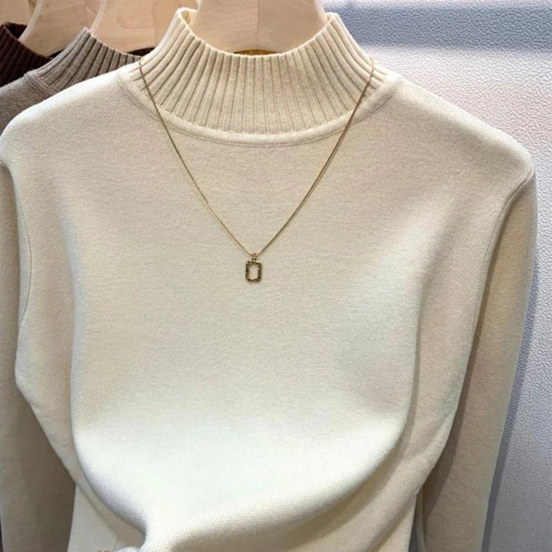Turtleneck Solid Sweater Women Fashion Stretch Tops Knitted - Bubble Girl
