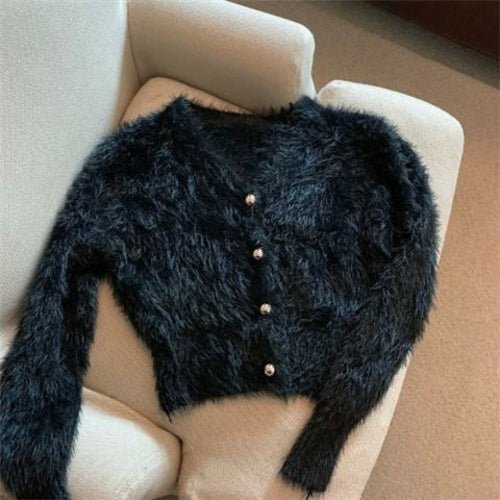 V Neck Cropped White Mohair Knitted Cardigan - Bubble Girl