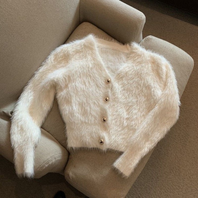 V Neck Cropped White Mohair Knitted Cardigan - Bubble Girl