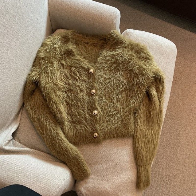 V Neck Cropped White Mohair Knitted Cardigan - Bubble Girl
