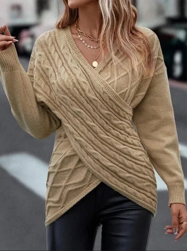 V - neck Knitted Sweater Women Off Shoulder Pullover Warm - Bubble Girl