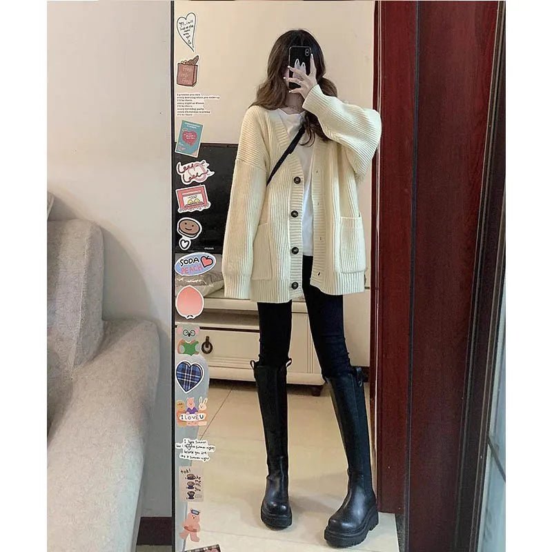V - neck Single Breasted Cardigan Sweater - Bubble Girl