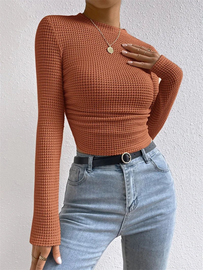 Waffle Knit Long Sleeve Folds T Shirt - Bubble Girl