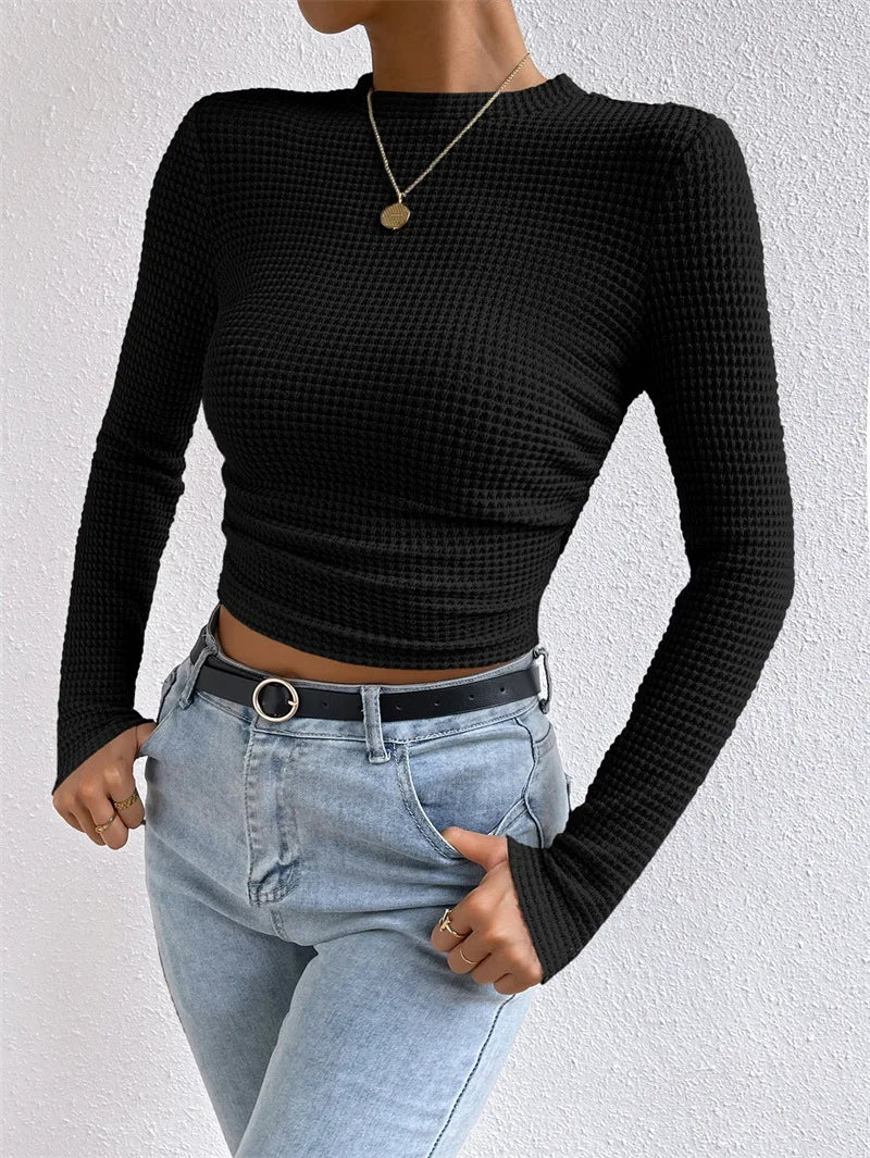 Waffle Knit Long Sleeve Folds T Shirt - Bubble Girl
