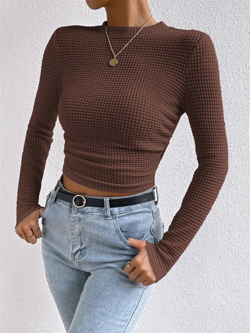 Waffle Knit Long Sleeve Folds T Shirt - Bubble Girl