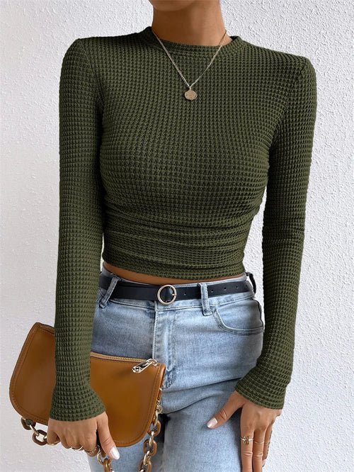 Waffle Knit Long Sleeve Folds T Shirt - Bubble Girl