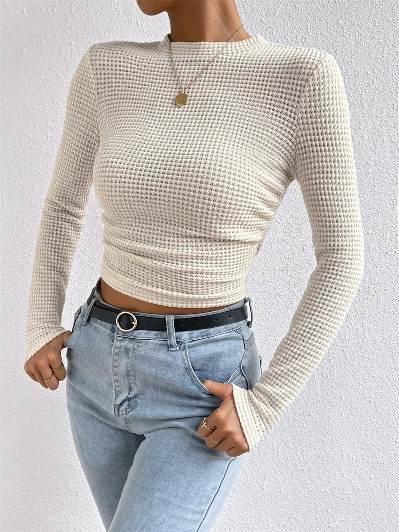 Waffle Knit Long Sleeve Folds T Shirt - Bubble Girl