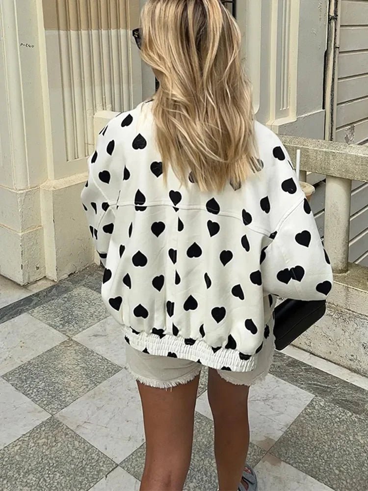 Women’s Black Polka Hearts Bomber Jacket Fashion Long Sleeve - Bubble Girl