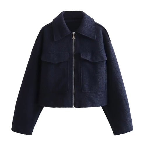 Women's Elegant Solid Coat Zipper Long Sleeve Pocket Bomber - Bubble Girl