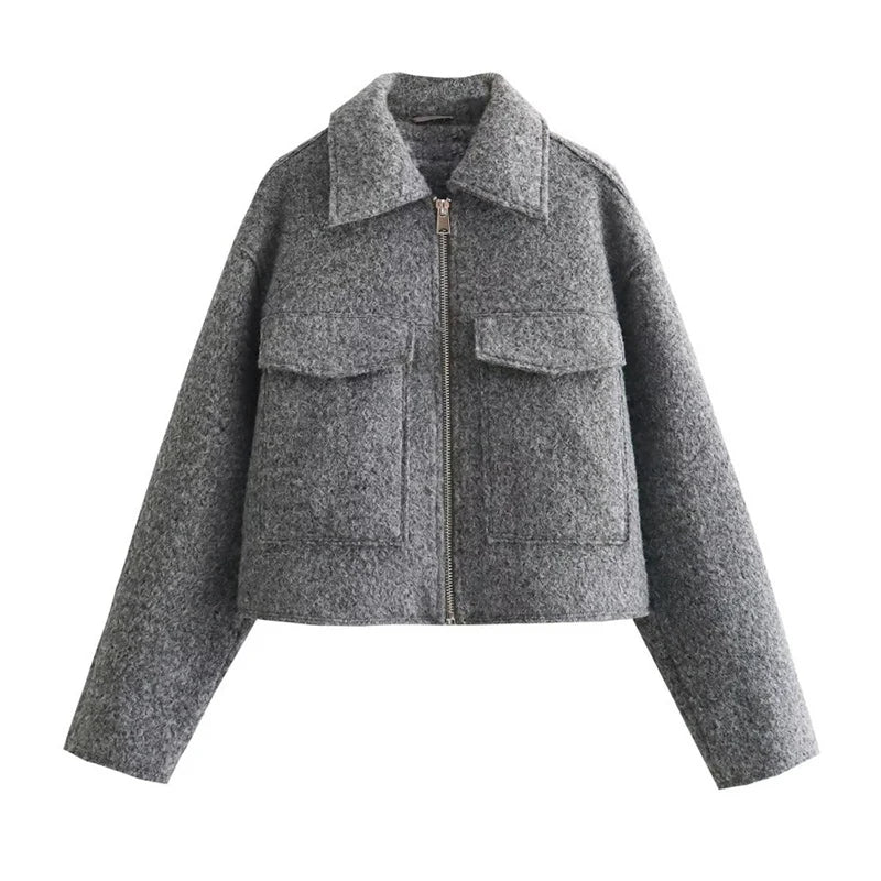 Women's Elegant Solid Coat Zipper Long Sleeve Pocket Bomber - Bubble Girl