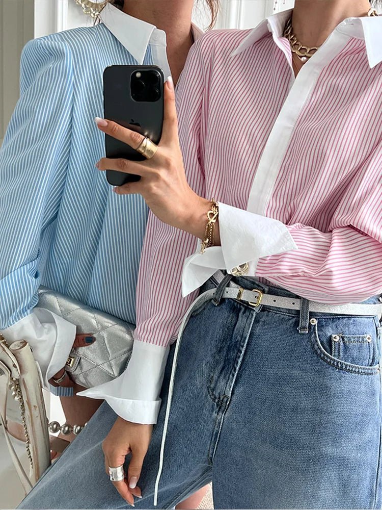 Women's Polo Collar Long sleeved Striped Shirt - Bubble Girl