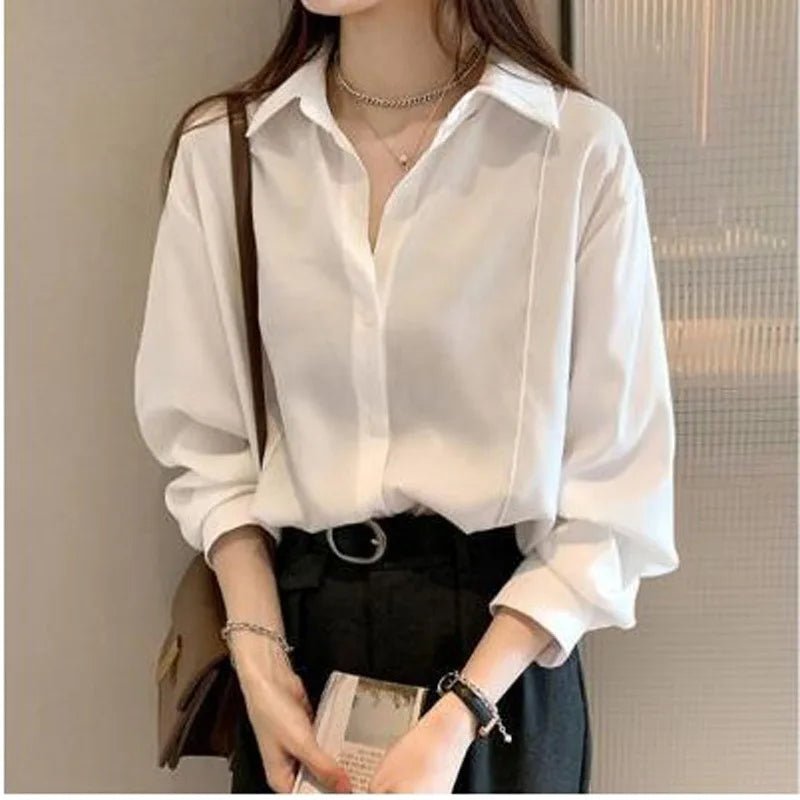 Women's White Loose Oversized Blouse Buttons - Bubble Girl