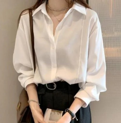 Women's White Loose Oversized Blouse Buttons - Bubble Girl