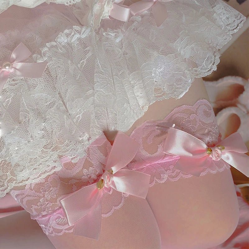 Big Pink Bow Lovely Lace Over Knee Stockings - Bubble Girl