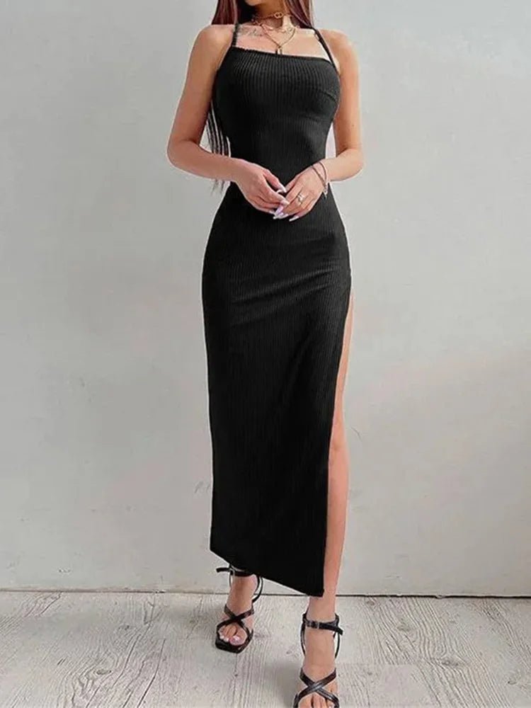Black Long Womens Sleeveless Backless Halter Dress - Bubble Girl