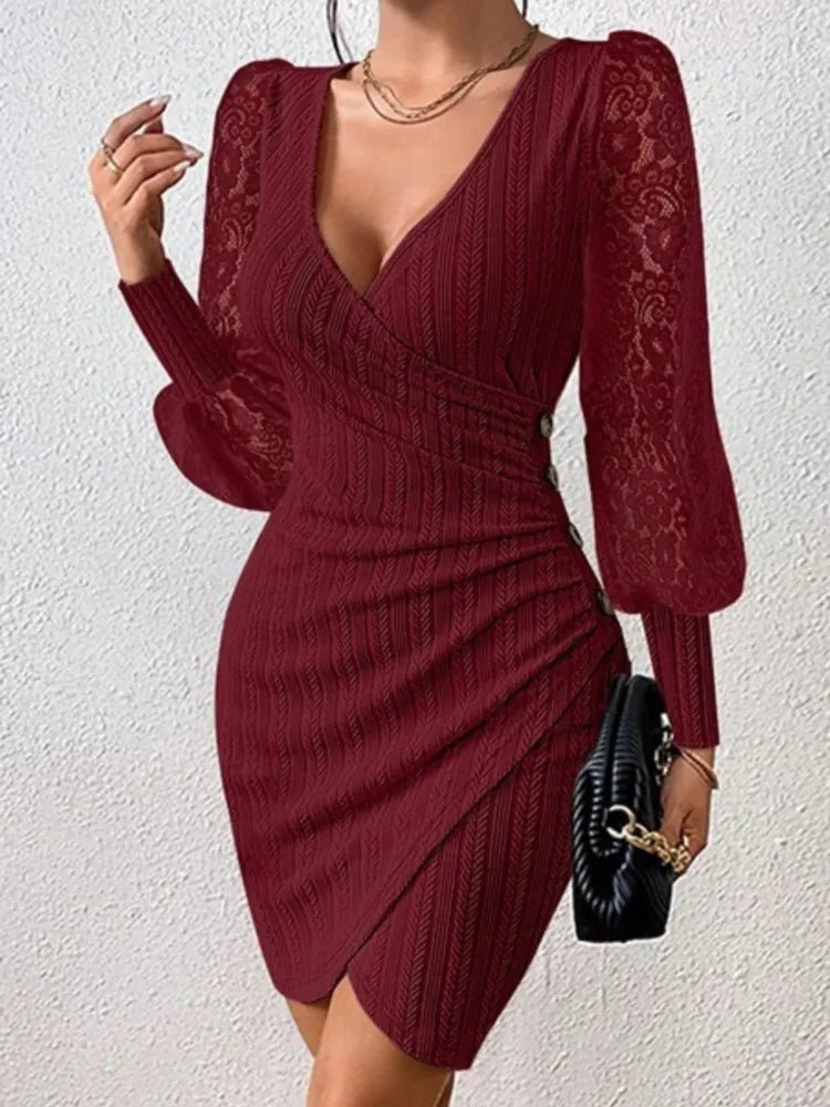 Cable Textured Holiday Dress V - Neck Long Sleeve - Bubble Girl