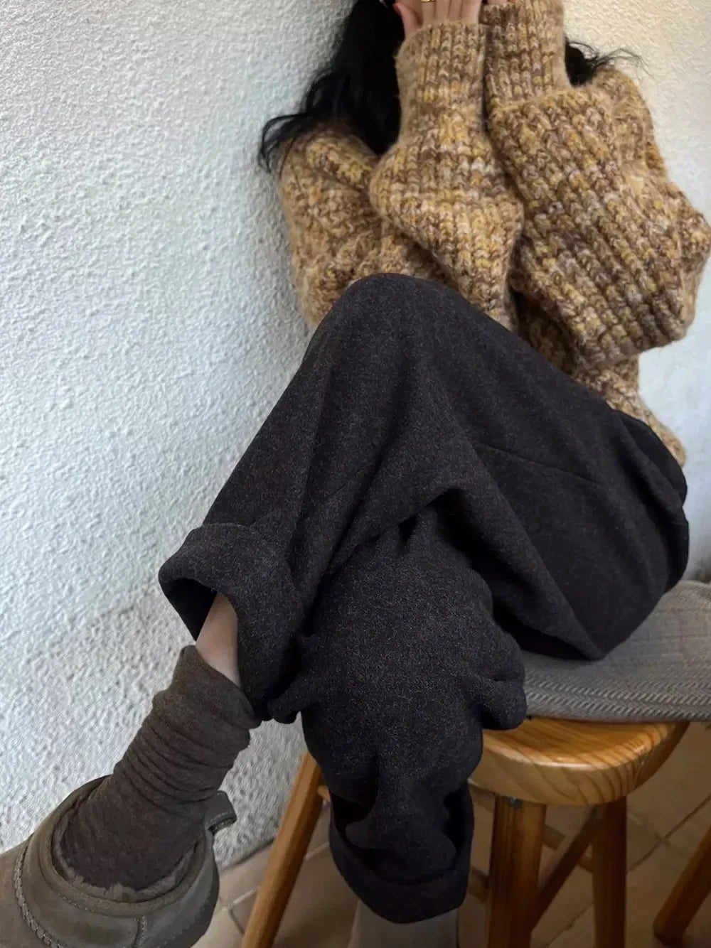 Chic Women Casual Loose Pockets Woolen Suit Pants Autumn Winter - Bubble Girl