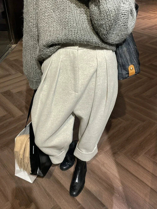 Chic Women Casual Loose Pockets Woolen Suit Pants Autumn Winter - Bubble Girl